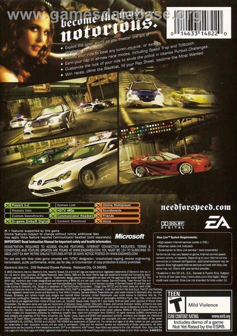 Need For Speed Most Wanted Black Edition Microsoft Xbox Artwork Box Back