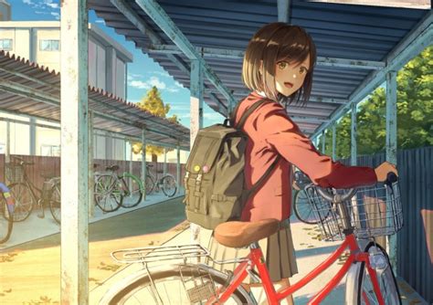 Wallpaper Anime Girl School Uniform Bicycle Back Bag