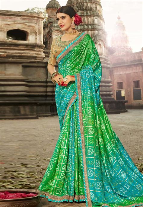 Green Silk Bandhej Saree With Blouse 164503 Party Wear Sarees Saree Designs Bandhani Saree
