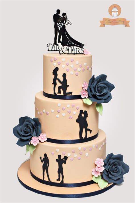 Silhouette Wedding Cake In Peach And Navy Blue Bottom Tier Showed How They Metthen They