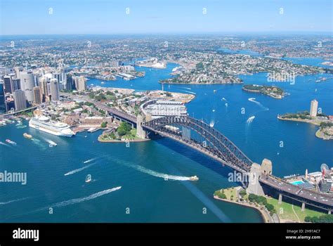 Aerial View Of Sydney Harbour Bridge Surrounded By Water Stock Photo