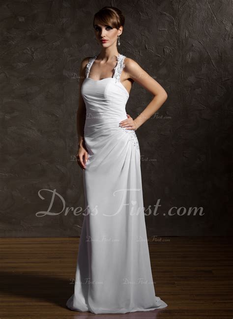 Shop with afterpay on eligible items. Sheath/Column Halter Court Train Chiffon Wedding Dress ...