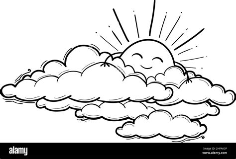 Sun And Cloud Drawing In Engraving Outline Style Vector Illustration