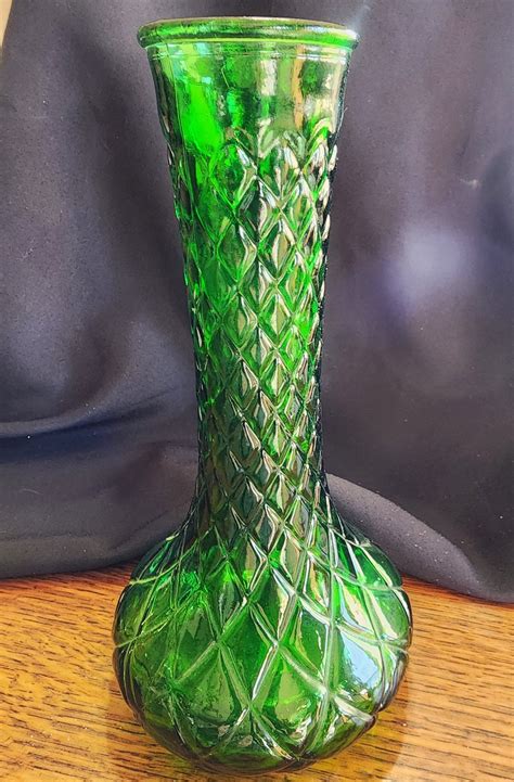 Vintage Hoosier Green Glass Vase With Diamond Pattern Etsy