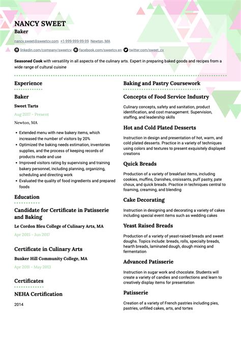 Baker Resume Example And Cook Professional Cv Template