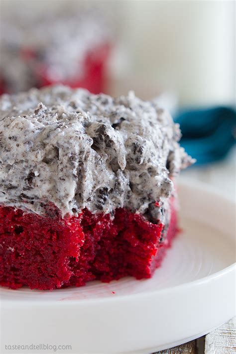A combination of ingredients such as vinegar, red food coloring, cocoa can i bake all the batter together and then cut it through once cooled for spreading icing? Red Velvet Sheet Cake Recipe with Cookies and Cream Frosting - Taste and Tell