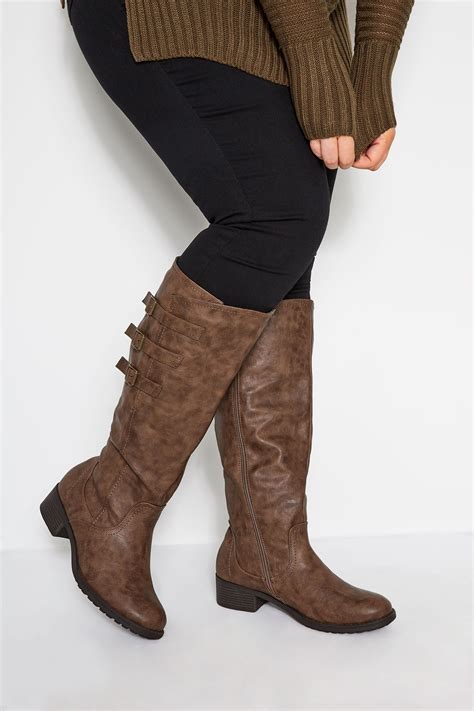 Brown Knee High Boots In Extra Wide Fit With Adjustable Straps Yours Clothing