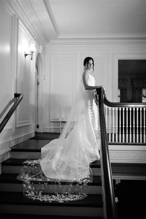Black And White Bridal Portrait Featuring Cathedral Veil With Applique