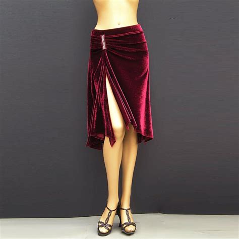 Burgundy Wine Red Velvet Skirt A Line Knee Length Side Slit Sexy Skirt Customized Beads Pleated