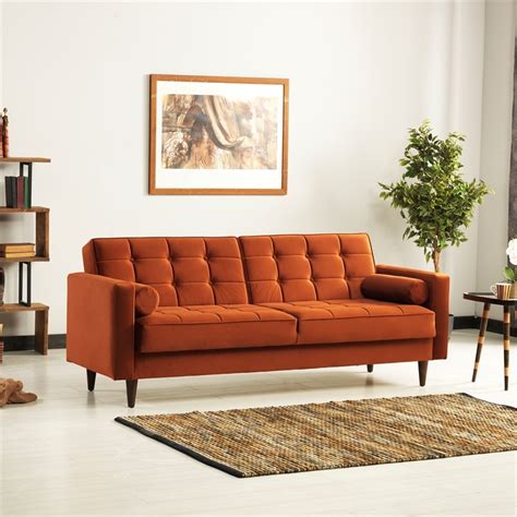 Mid Century Modern William Burnt Orange Velvet Sleeper Sofa Ash0451