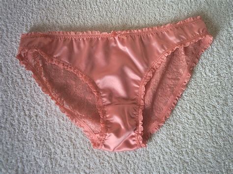 Silky Salmon Pink Satin N Ultra Soft Lace Bikini Brief Panties Frilly