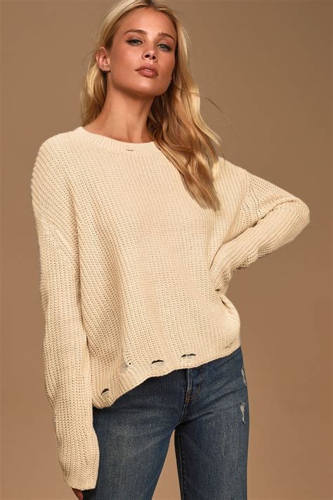 Cute Beige Sweater Distressed Sweater Cozy Knit Sweater Lulus