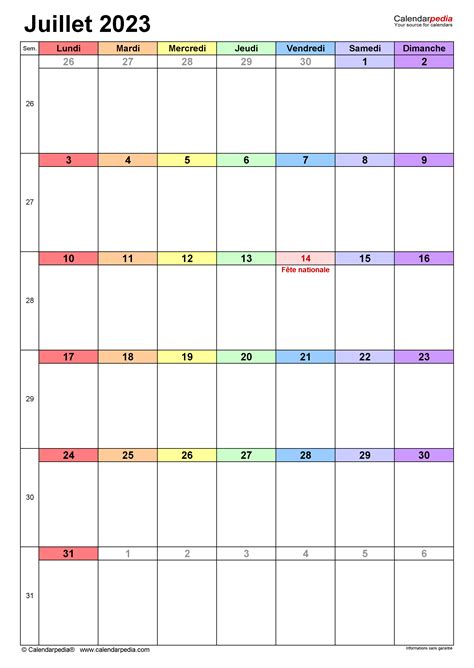 Calendrier Juillet 2023 Excel Word Et Pdf Calendarpedia