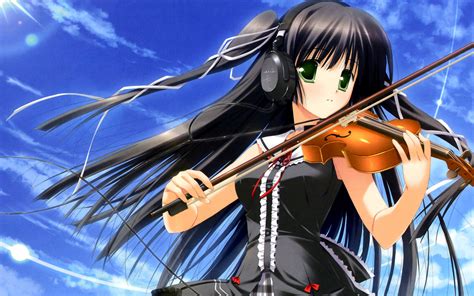 Headphones Green Eyes Violins Anime Black Hair Violinist Wallpaper 2560x1600 191221