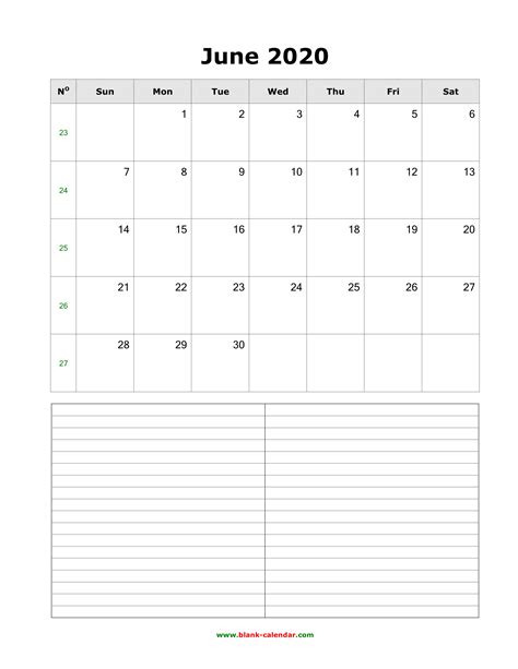 Download June 2020 Blank Calendar With Space For Notes Vertical