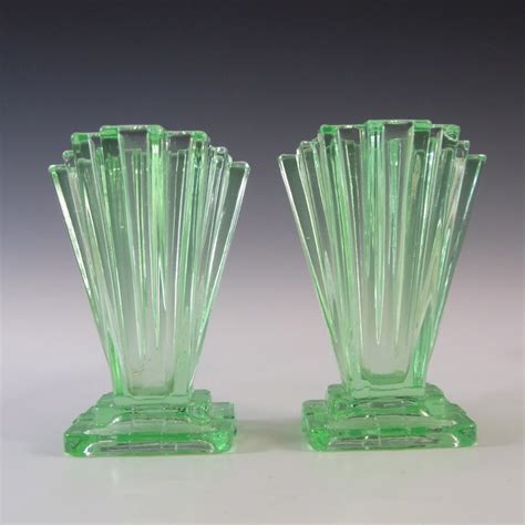 Bagley Pair Of Art Deco 4 Uranium Green Glass Grantham Vases £61 75 Shot Glass Glass Vase