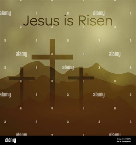 Easter Background Three Crosses And Empty Tomb Jesus Is Alive He Is