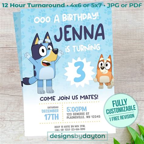 Bluey Birthday Invitation Kids Bluey Party Invite Boy Or Etsy Finland