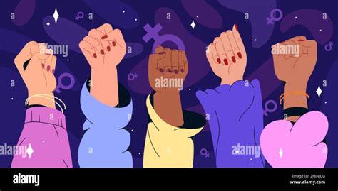 Flat Women Hands Different Nationalities With Feminism Fists Raised Up Gender Equality