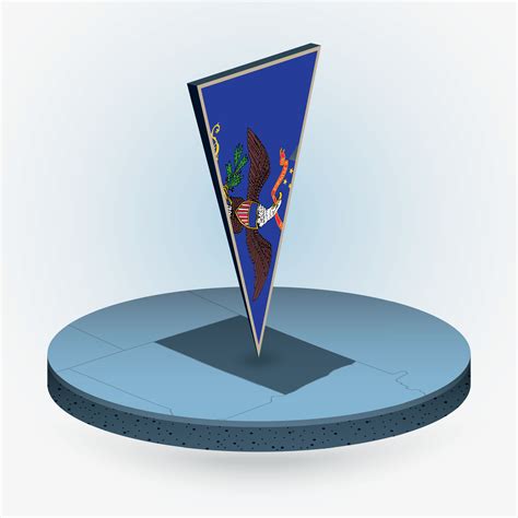 North Dakota map in round isometric style with triangular 3D flag of US width=