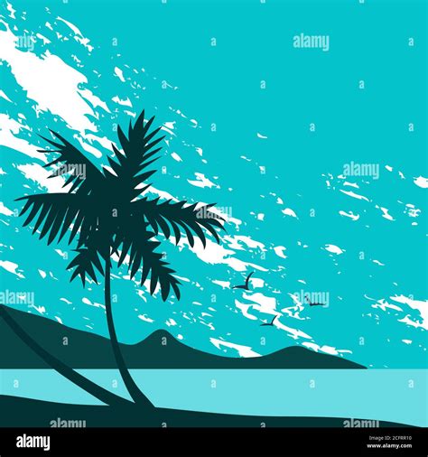 Seashore With Tropical Palm Silhouette Beautiful Landscape On The