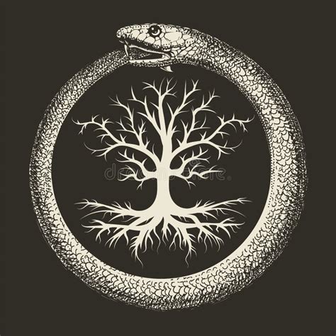 Ouroboros Snake And Tree Of Life Ancient Esoteric Symbol Stock