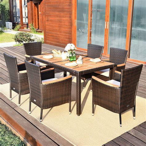 Gymax 7pcs Patio Rattan Dining Set 6 Stackable Cushioned Chairs Patio