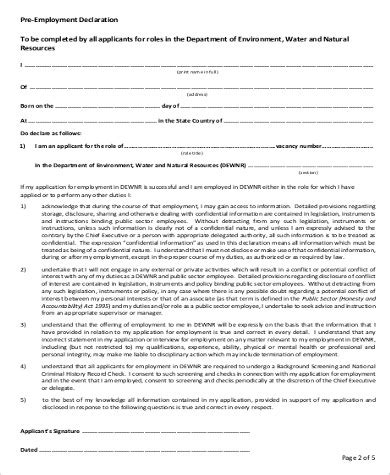 Free Sample Employee Declaration Forms In Ms Word Pdf
