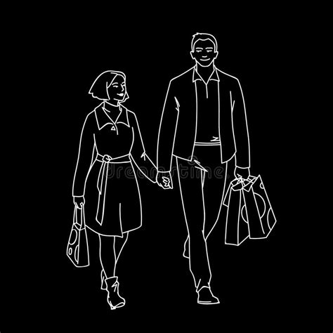 Tall Man With Packages And Woman Walking With Him By The Hand Monochrome Vector Illustration Of