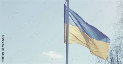 Ukrainian Flag Wave Flutter Or Flap On Blue Sky On A Windy Sunny Day