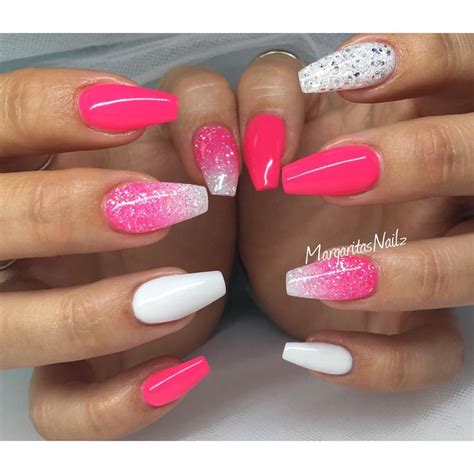 Neon Pink And White Coffin Nails Glitter Ombr Spring Summer Nail