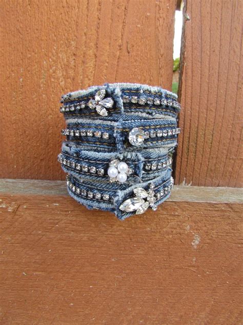 Bracelet Recycled Denim With Vintage Rhinestones Diamonds Etsy