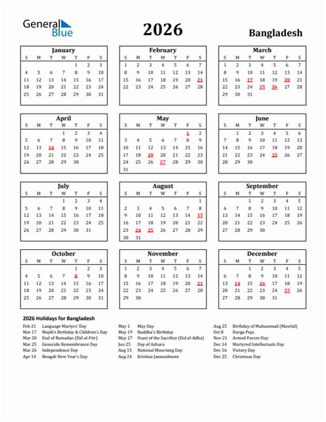 2026 Bangladesh Calendar With Holidays