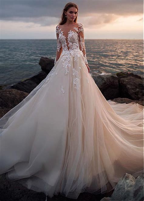 Champagne Tulle Wedding Dress With Illusion Lace Long Sleeves On Storenvy