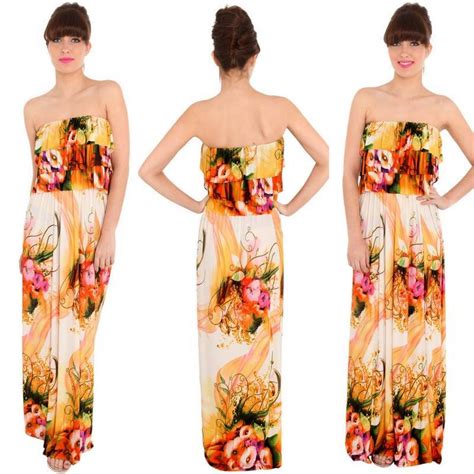 Questo bellissimo abito multicolore può essere realizzato in cotone 100%. Estivo abito lungo leggero colorato con le balze Goddiva ...