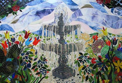 A Painting Of A Fountain Surrounded By Flowers