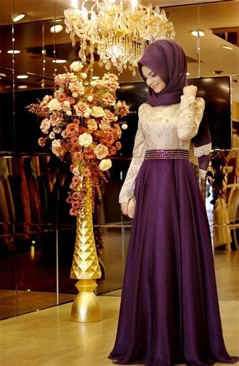 2016 Muslim Evening Dresses A Line Long Sleeves Purple Embroidery Hijab Islamic Dubai Abaya