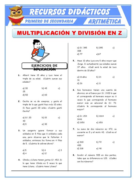 Ejercicios De Multiplicación Y División Para Primero De Secundariadoc