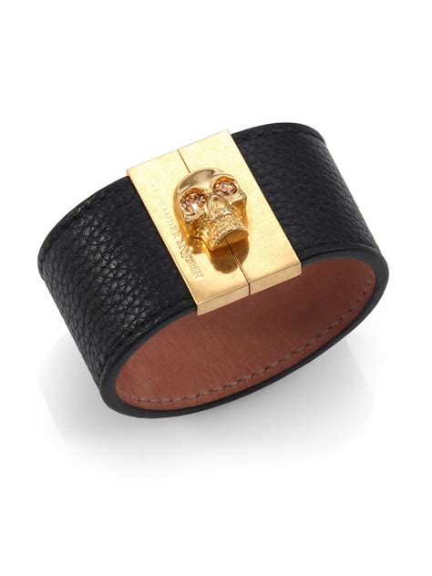 Alexander Mcqueen Crystal And Grain Leather Gated Skull Cuff Bracelet In