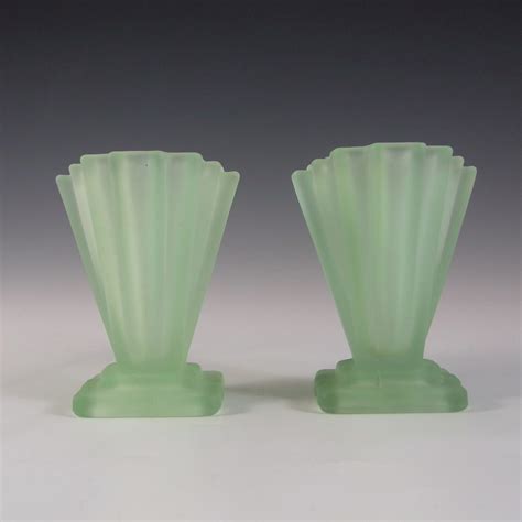 Bagley 334 Pair Of Art Deco 4 Green Glass Grantham Vases £66