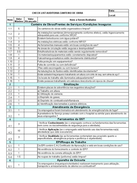 Check List Canteiro De Obras 00424 E 3 Xlsx Setores