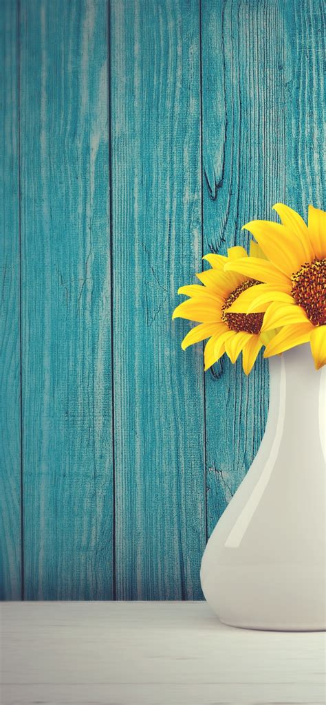 Sunflowers Wallpaper 4K, Flower vase, Wooden background, Teal, Flowers
