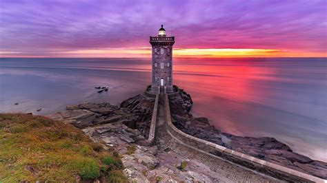 Kermorvan Lighthouse Coastline Atlantic Ocean Brittany France Sunset
