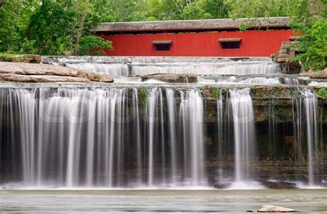 Waterfall And Covered Bridge Stock Image Colourbox