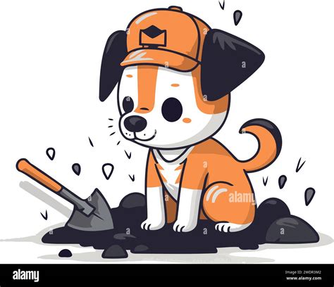 Cute Cartoon Dog Digging A Hole With Shovel Vector Illustration Stock