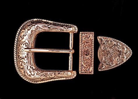 Gold Western Floral Engraved Cowboy Belt Buckle Three Piece Set Unisex