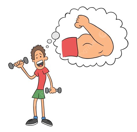 Vector Illustration Of Cartoon Skinny Man Dreaming Of Building Strong