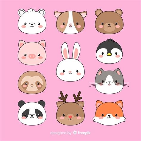 Download Hand Drawn Kawaii Animal Faces Collection For Free In 2020