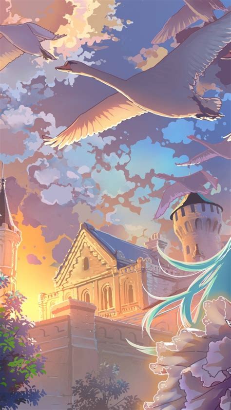 Download 720x1280 Hatsune Miku Anime Landscape Birds Scenic