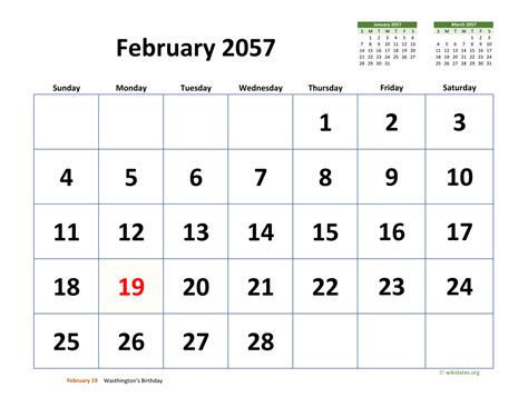 February 2057 Calendar With Extra Large Dates